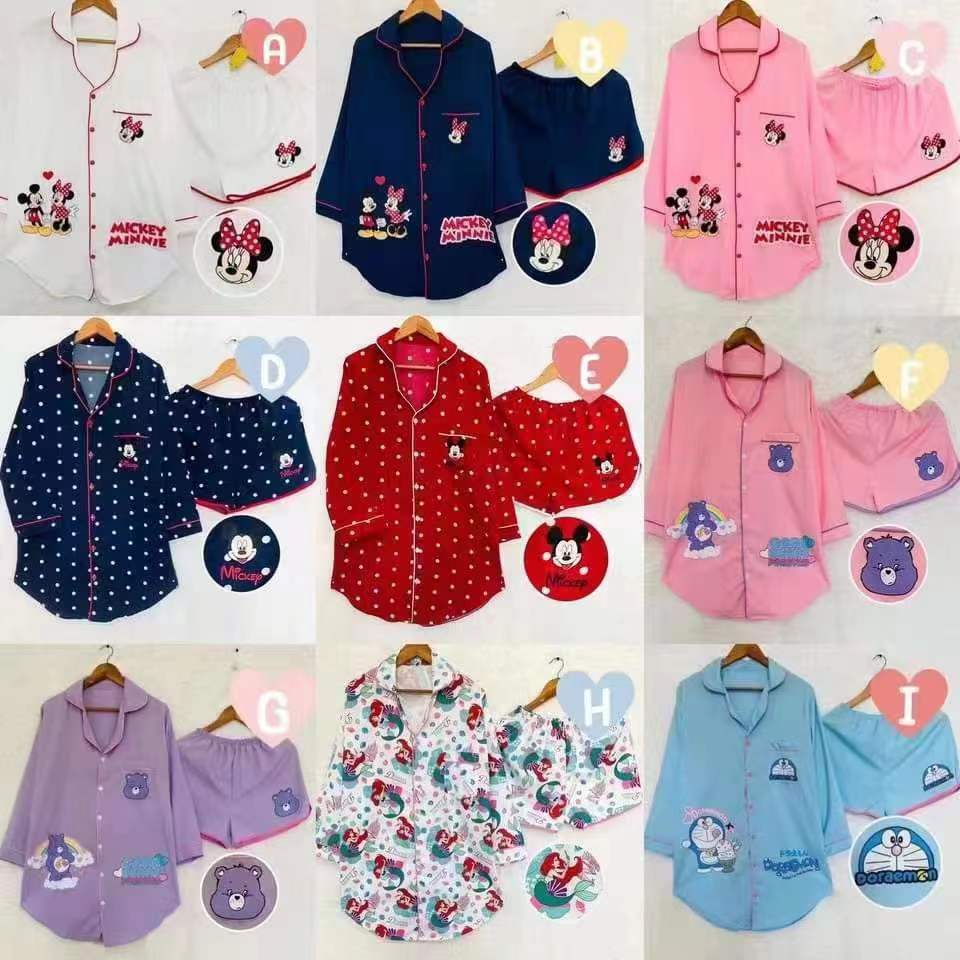 Thailand Hot Selling Pajamas Set Women's Spring and Autumn Loose Cardigan Women's Cartoon Long Sleeve Nightgown Shorts Home Clothes