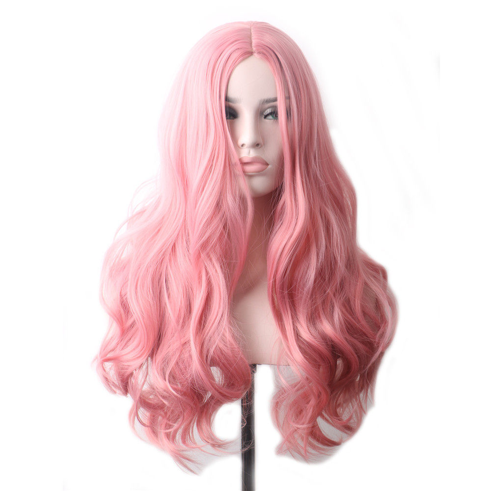 Europe and the United States pink wig women's long curly hair big wave wig high temperature silk chemical fiber headgear foreign trade manufacturers in stock