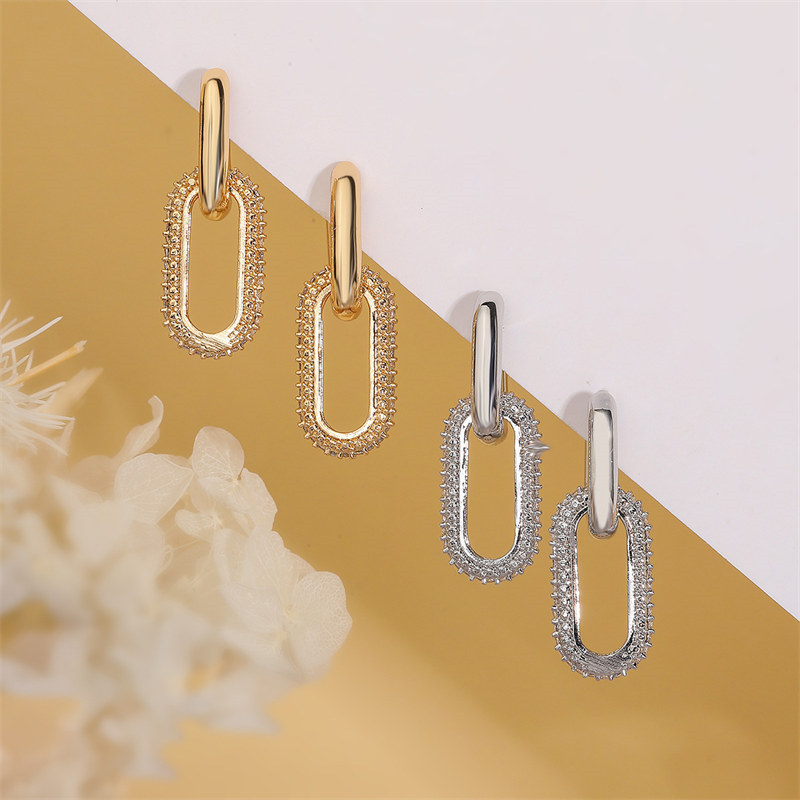 European and American fashion personality earrings full diamond oval ear buckle double ring ear buckle women 2024 new trendy niche design