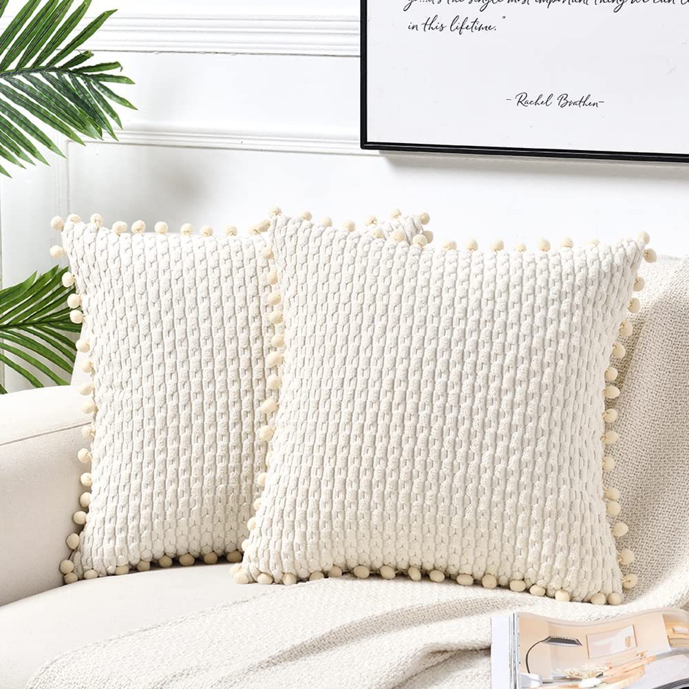 Amazon Nordic style corduroy small fat strip plus fur ball soft and comfortable pillowcase cushion cover