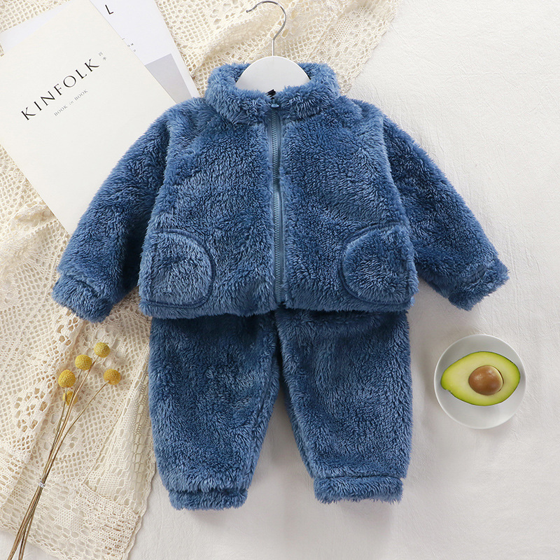 Children's Suit Autumn and Winter Boys and Girls Plush Warm Clothes Baby Solid Color Fashion Home Clothes Zipper Two-piece Set
