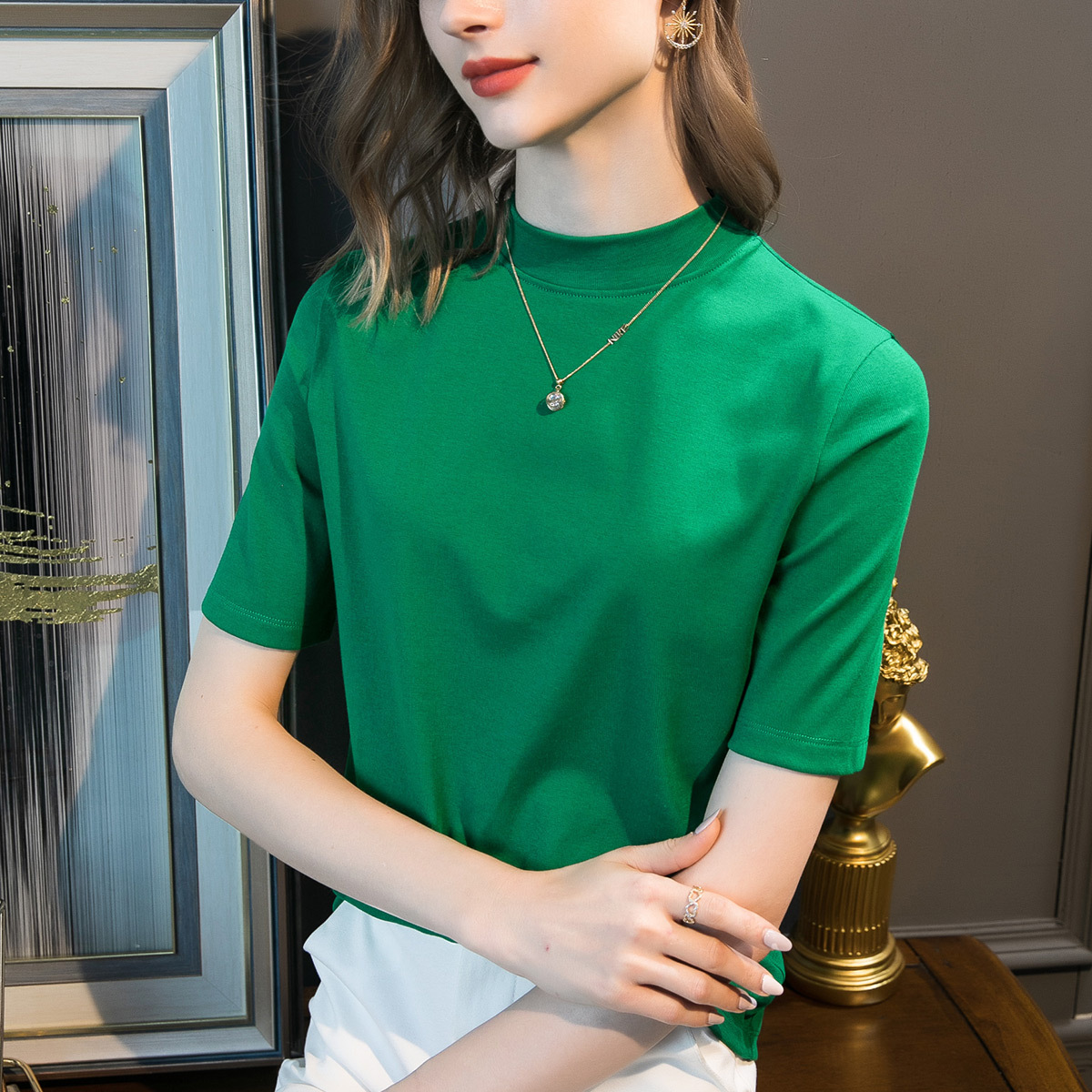 2023 autumn new women's sleeve collar design sense half sleeve T-shirt women slim T-shirt jacket a generation of hair