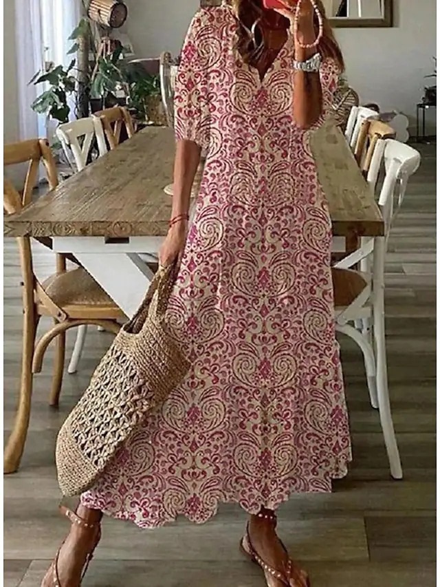 European and American Cross-border Hot Selling Casual Sweet Loose V-neck Printed Sling Mid-sleeve Long Dress for Women in Stock