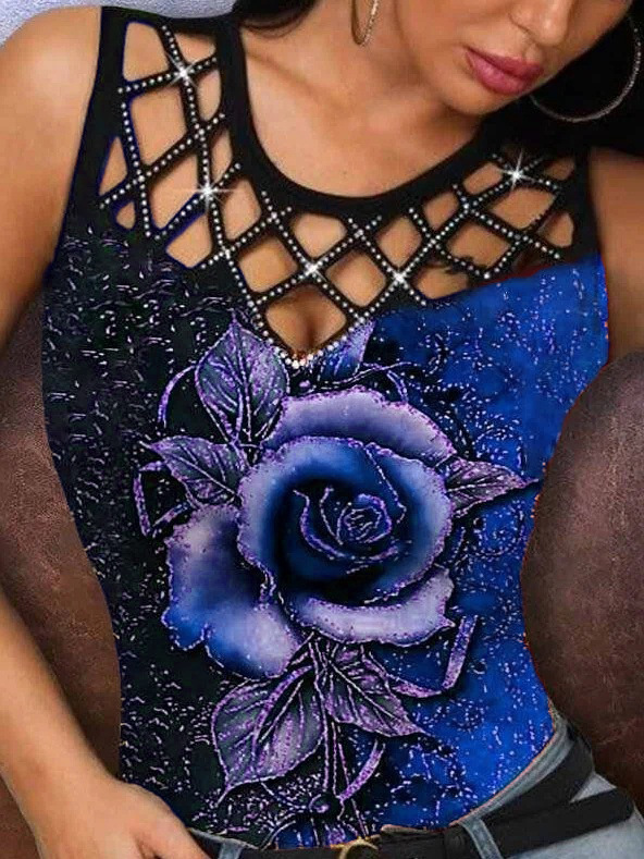 2021 European and American summer women's new ebay independent station wish3D rose hollow Vest Women's T-shirt top
