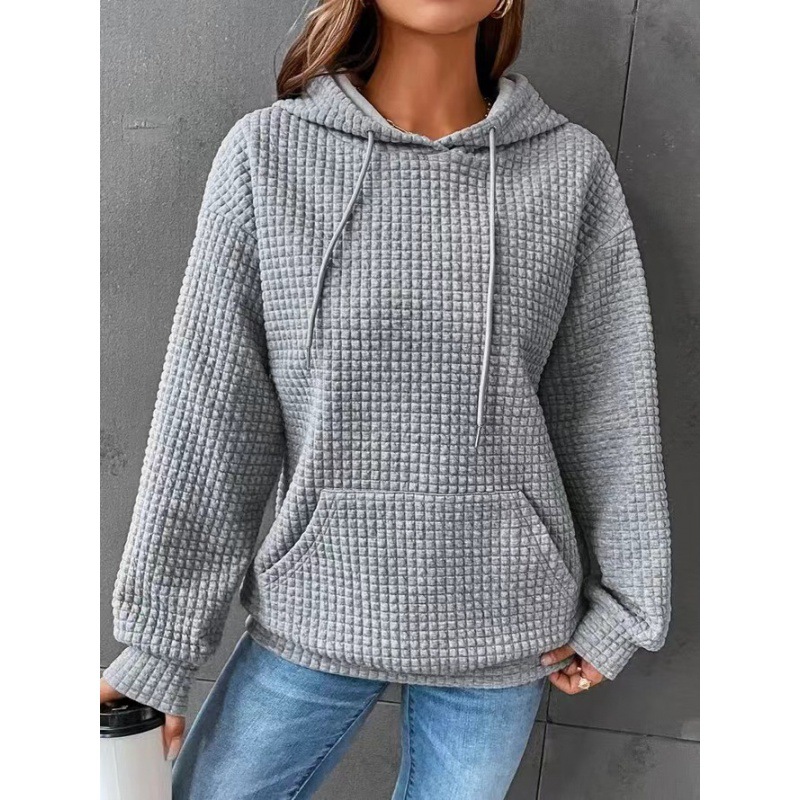 2024 autumn and winter Amazon European and American women's cross-border new waffle round neck long sleeve sweater solid color top women