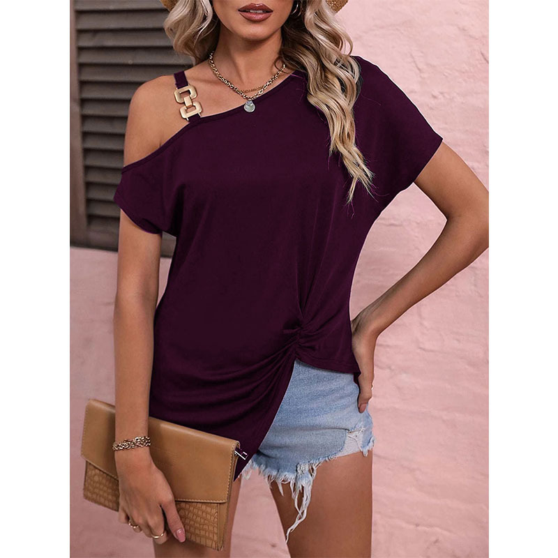 Independent station Amazon hot selling women's clothing 2023 Summer new elegant one-shoulder buckle short sleeve T-shirt top