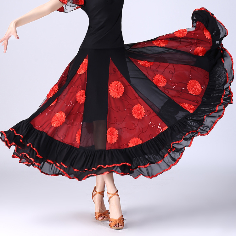 Ballroom dance long skirt large swing skirt modern dance competition clothing performance clothing skirt sequined flower square dance skirt