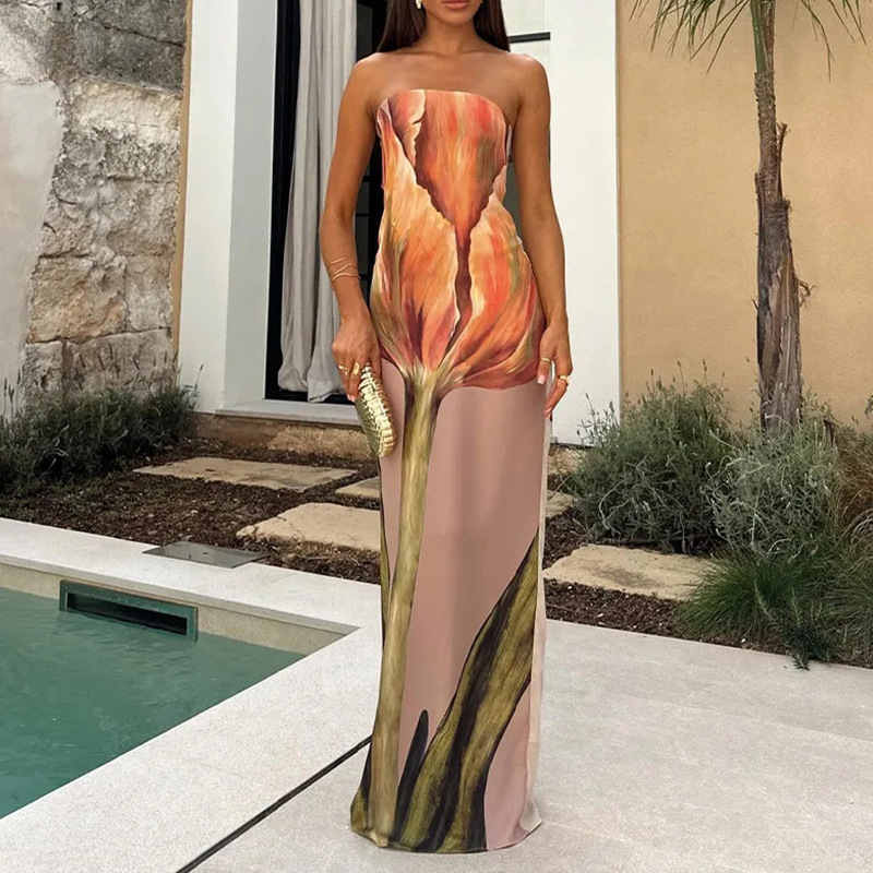 2024 Summer New Women's Fashion Sleeveless Shoulder Avant-garde Sexy Backless Printed Long Dress