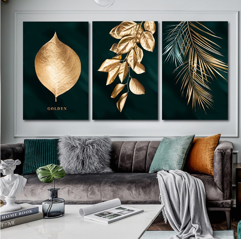 Cross-Border factory foreign trade direct modern simple golden leaf living room decorative painting plant frameless canvas painting