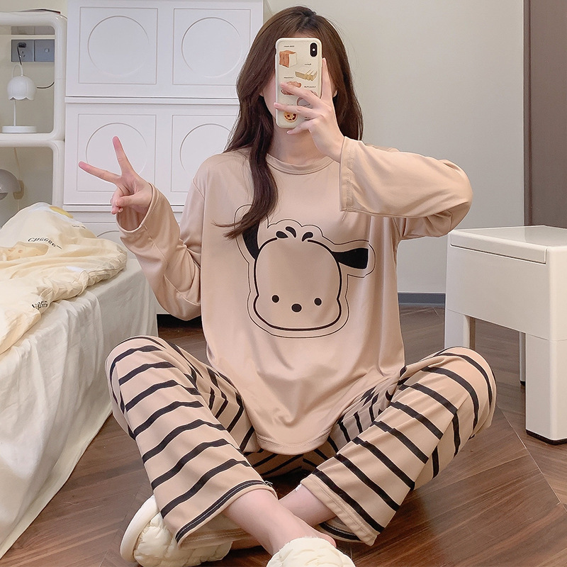 Pajamas for women autumn long-sleeved trousers two-piece set Korean style cute cartoon casual loose can be worn outside home clothes set