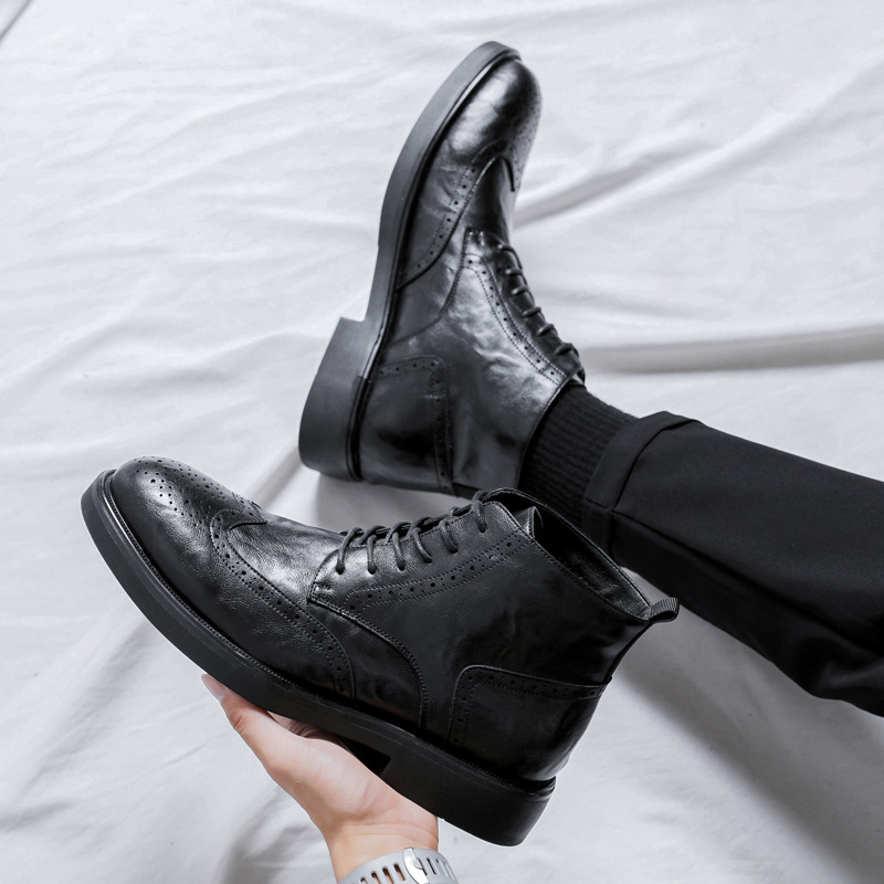 Men's Martin Boots Frock Business Casual Brock Carved High-top Leather Shoes with Suit 85680-R