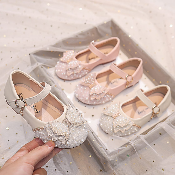Spring and Summer 2022 New Korean Style Girls Princess Square Mouth Rhinestone Bow Shoes Leather Shoes Performance Dance Shoes
