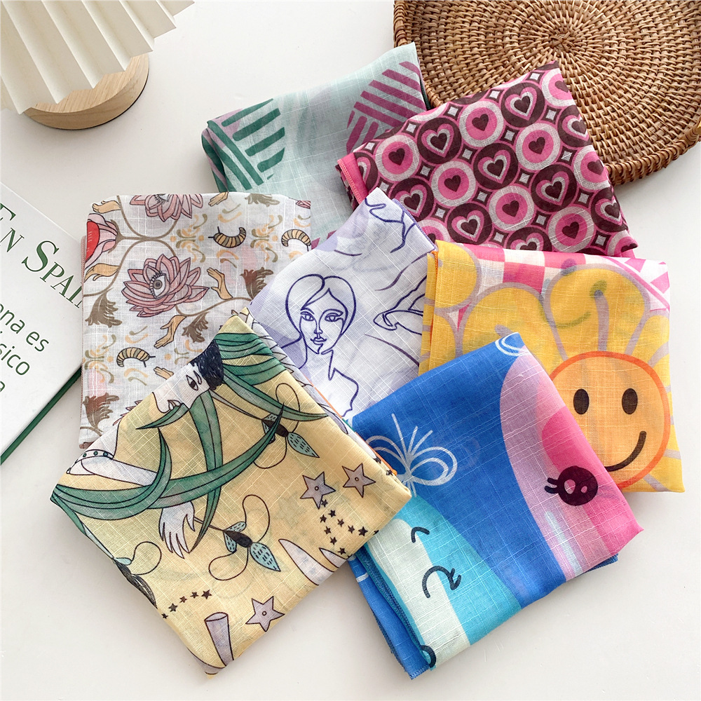 58 Cotton and Linen Small Square Scarf Women's Korean Style Internet Popular Spring and Summer Decorative Neck Protecting Small Scarf Scarf Western Style Fashion Trendy