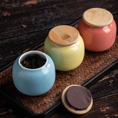 Mini small size bamboo cover ceramic tea jar color glaze candy sealed jar retro small tea jar food storage jar gift box