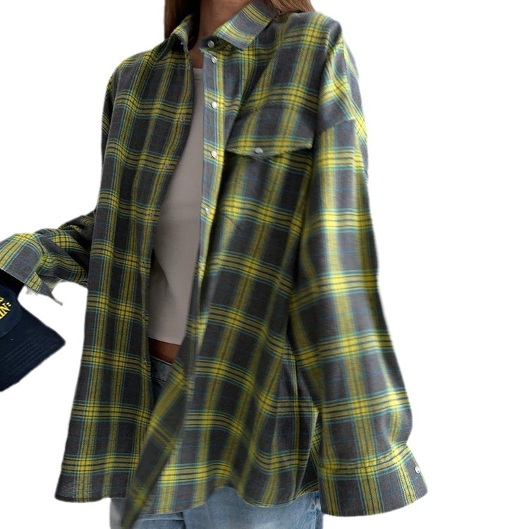 Amazon Cross-border Retro Style Versatile Collar Loose Long-sleeved Pocket Women's Shirt for Autumn 2024 Tartan