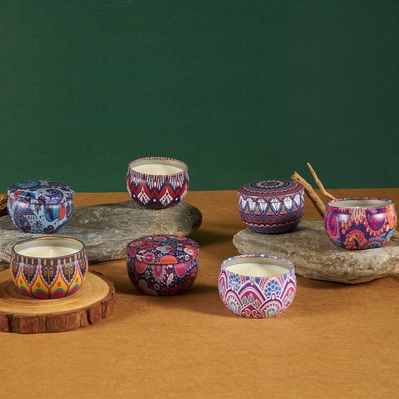 Wholesale ethnic style gift plant soy wax aromatherapy candle home decoration tinplate aromatherapy iron can candle