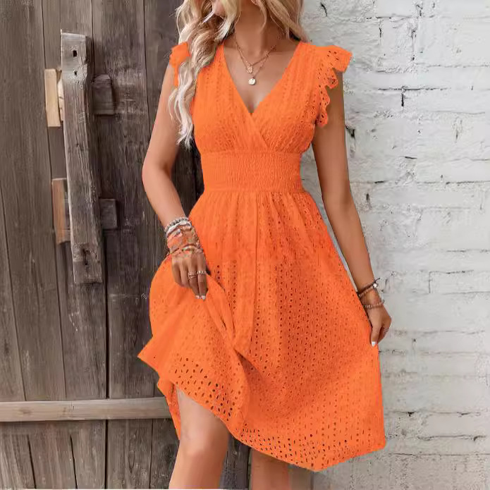 Summer New Style Lotus Leaf SleeVes Elegant Slimming Look V Neck Women's Fashion Large Size Cut Out Dress for Women