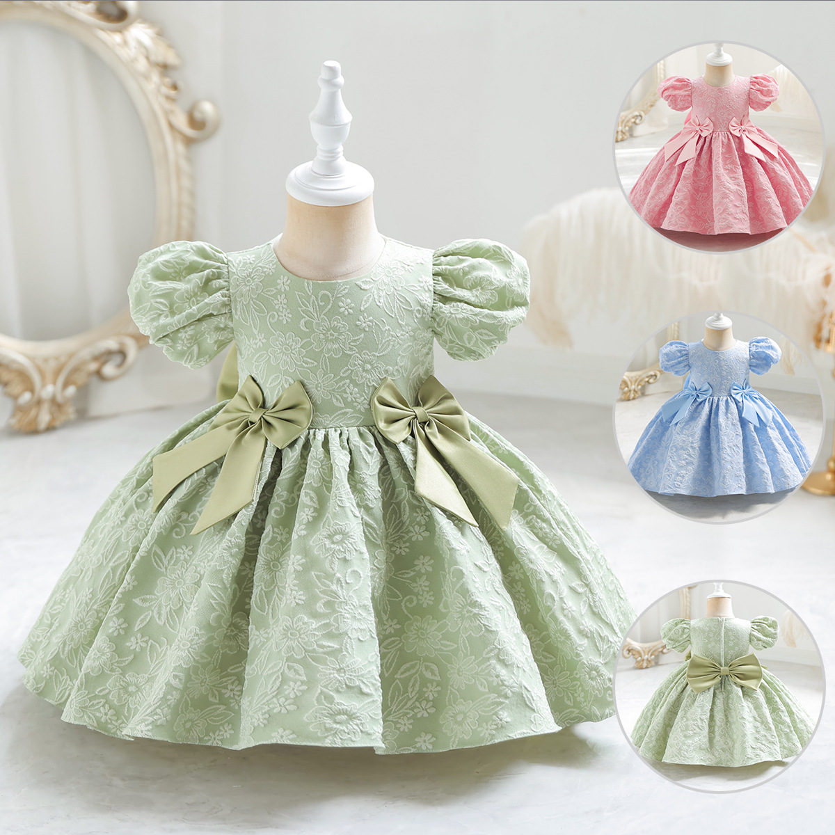 Girls' dress children's princess dress fluffy flower girl embroidery dress bow cross-border little girl performance