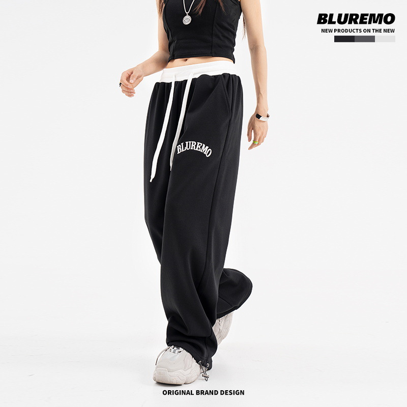 BLUREMO|美式高街字母刺绣休闲宽松直筒松紧薄款束脚抽绳辣妹卫裤