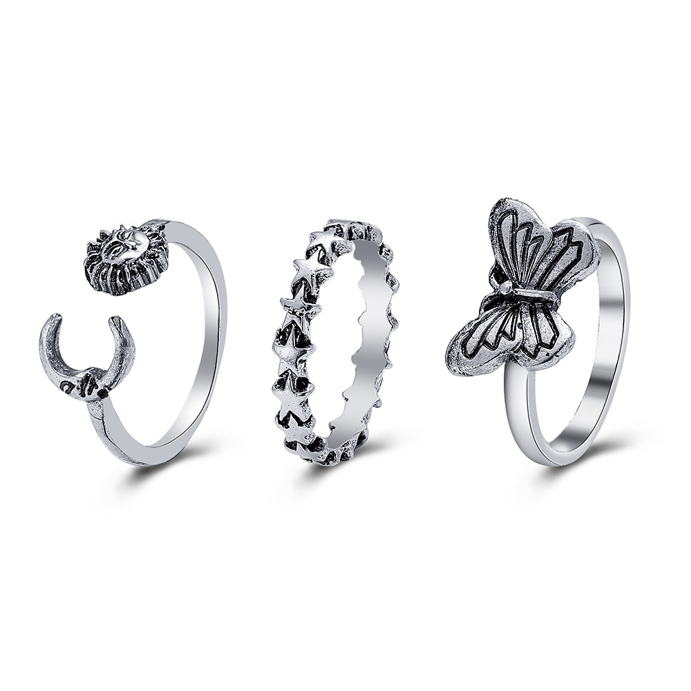 Creative Retro Sun Butterfly 3 Piece Set Open Ring Do Old Creative Personality Open Joint Ring_voghion.com