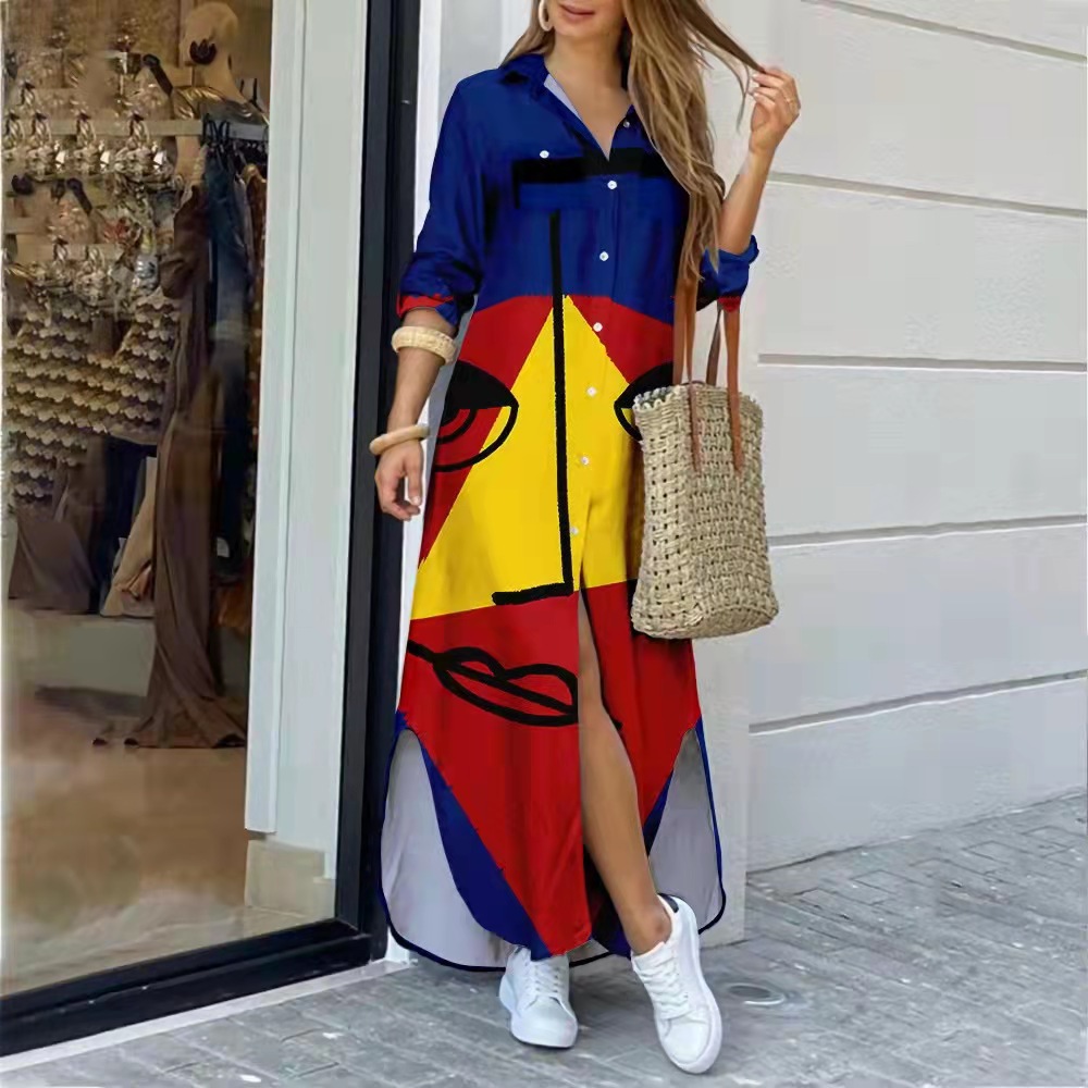 2023 new eBay AliExpress Autumn New Fashion long sleeve printed shirt dress long dress
