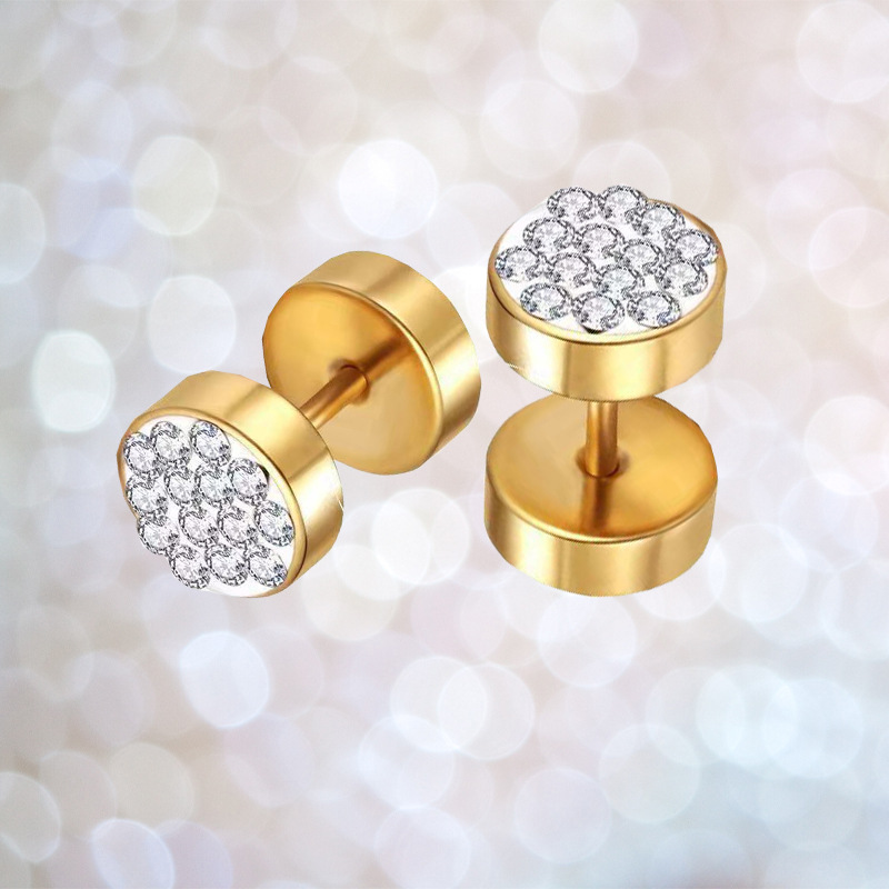 Wholesale stainless steel gypsophila rhinestone trendy men's personality dumbbell earrings mud rhinestone round cake fashion earrings earrings