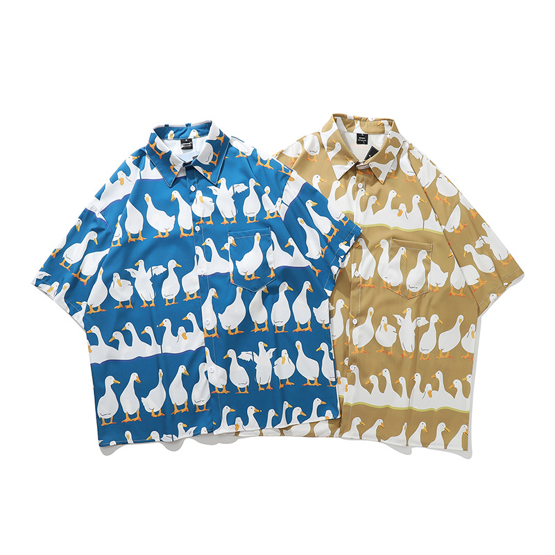 Summer Vintage Fun Duck Print Short-sleeved Shirt Men's and Women's Trendy Brand Loose bf Style Couple's Casual Shirt Jacket
