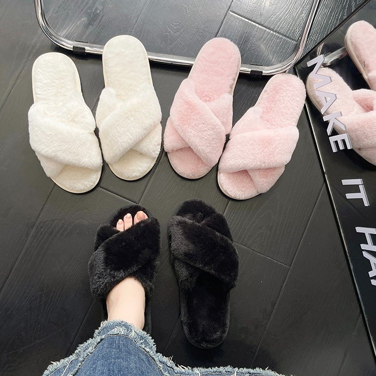 Swing line home women's plush slippers autumn and winter new foreign trade cross-border Women's Flat fleece-lined cotton slippers cross