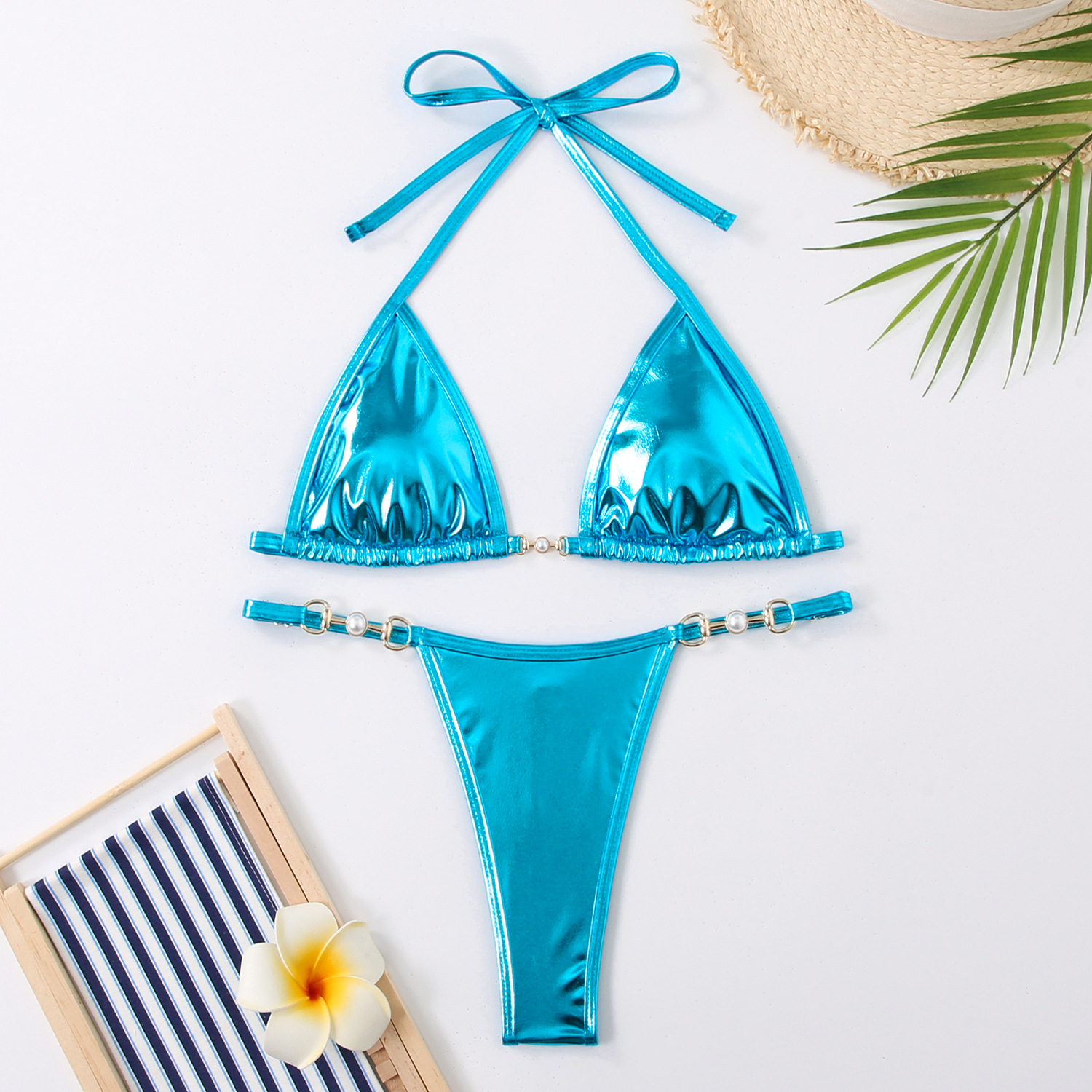 Yiqi new European and American Brazilian Foreign Trade swimsuit women's split pearl pendant connection reflective glossy fabric bikini
