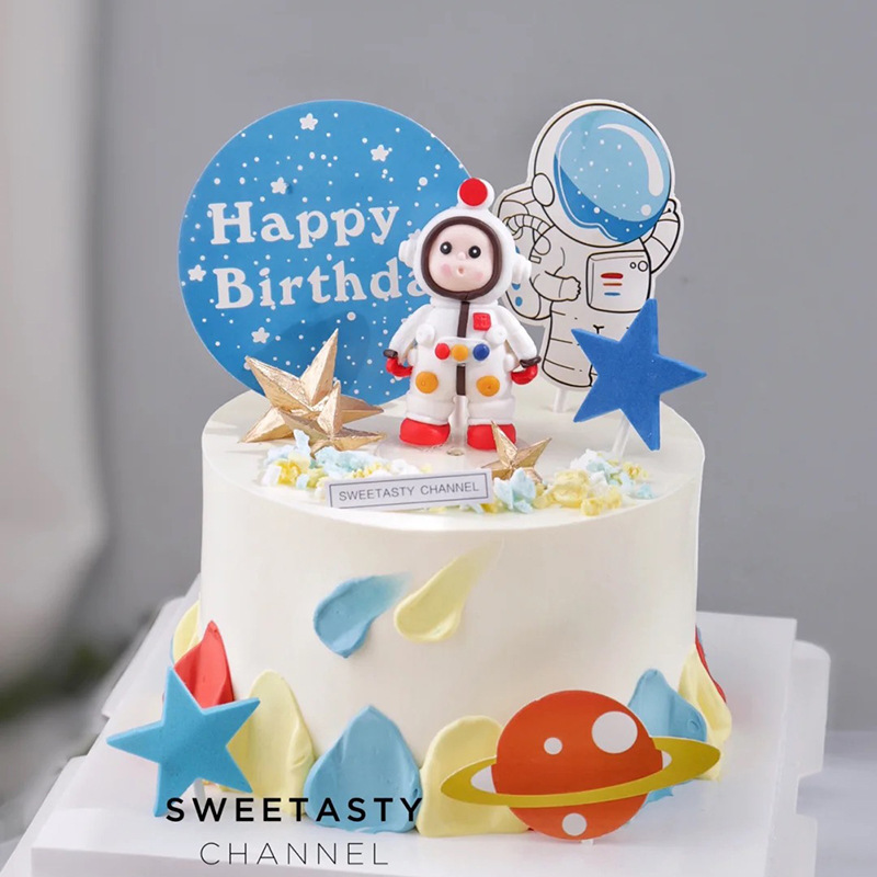 蛋糕插牌 宇航員飛船蛋糕裝飾插牌材料包 小男孩生日蛋糕裝飾插件