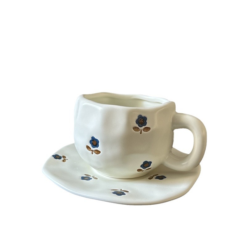 Ins Style Japanese Style Vintage Ceramic Coffee Cup and Saucer Hand-Kneading Hand-Painted Irregular Cup and Saucer High Color Value Dessert Saucer