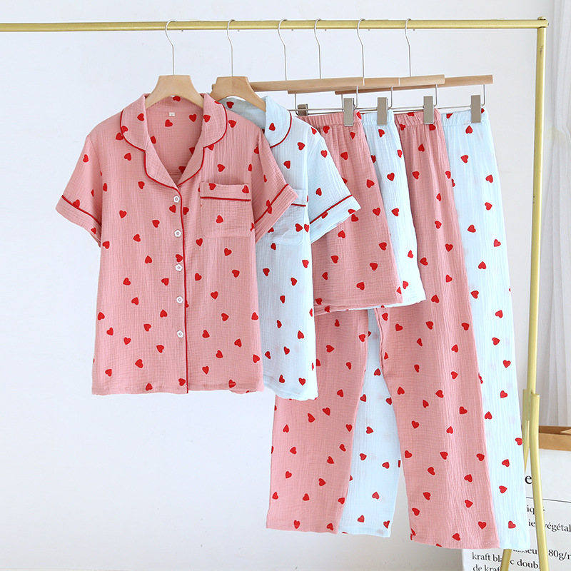 Summer Cotton Gauze Thin Short-sleeved Love Three-piece Shorts Breathable Sweat-absorbent Pants Lapel Age-reducing Pajamas Set