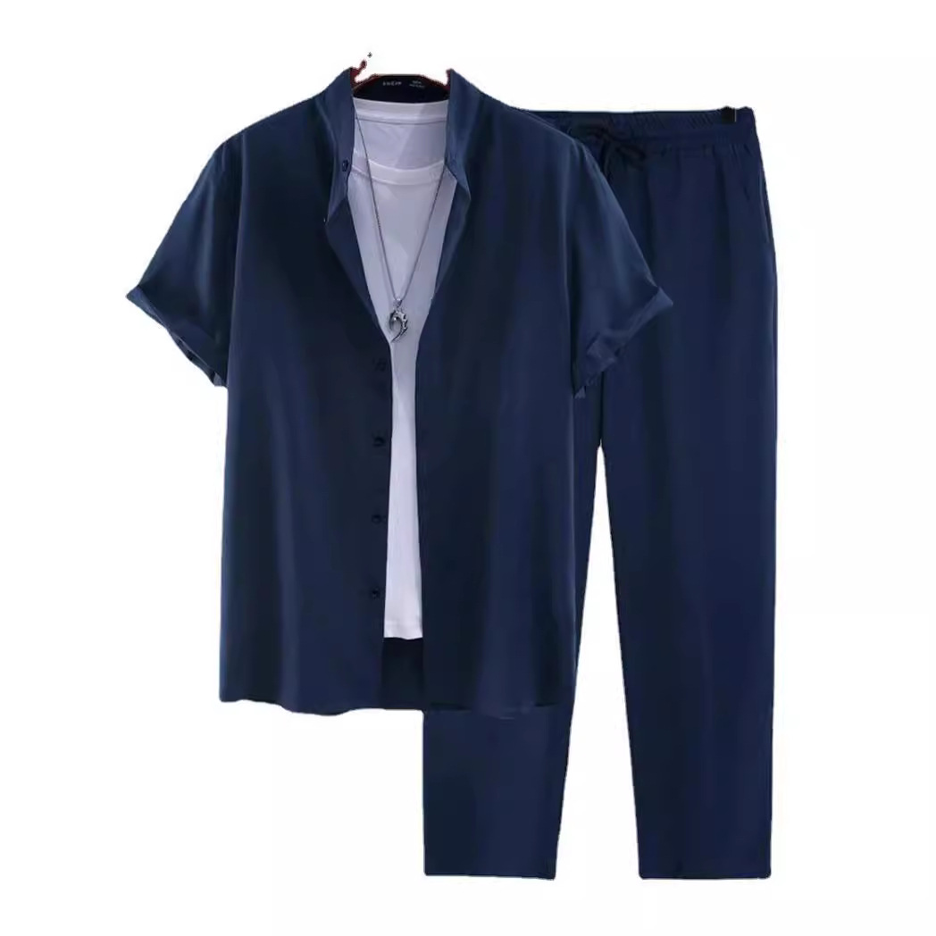 2024 new men's short-sleeved cardigan stand collar shirt suit men's fashion trendy style