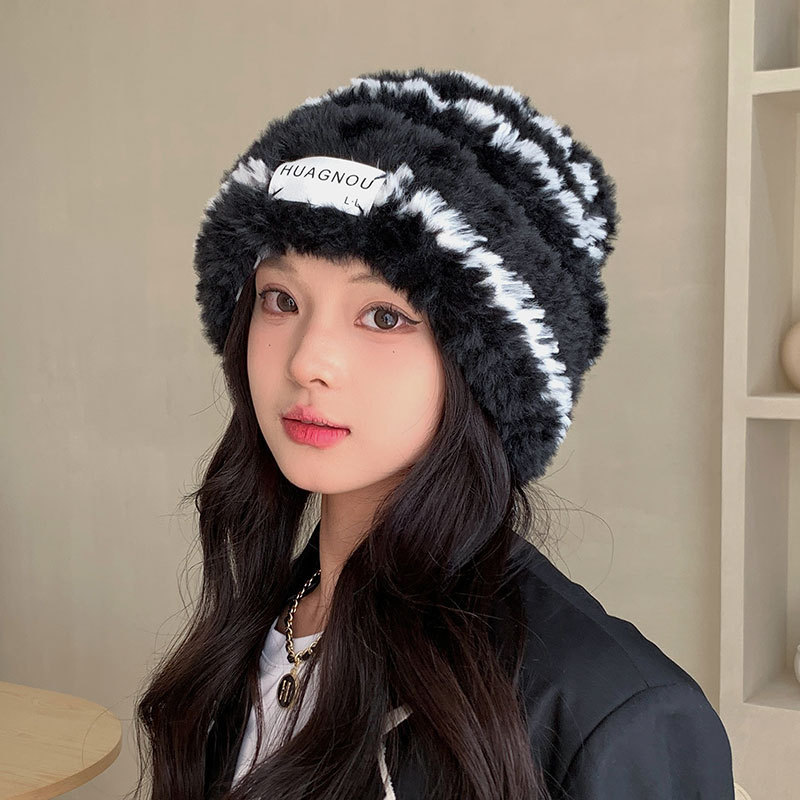 Woolen hat autumn and winter women's all-match knitted closed toe small warm white plush cold hat big head circumference