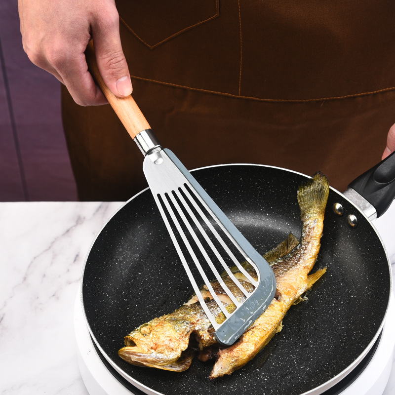 Factory Stainless Steel Bag Silicone Fish Shovel Household Stainless Steel Steak Shovel Wooden Handle Fried Fish Shovel Cooking Kitchenware Wholesale