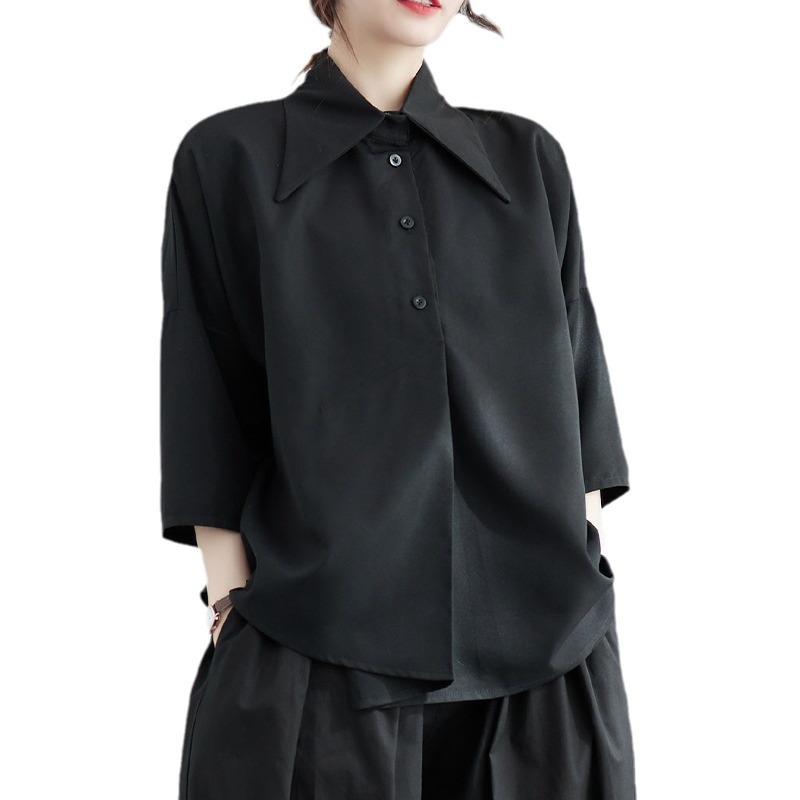 Summer lazy style loose short sleeve black shirt Women's irregular 3/4 sleeve bf shirt top