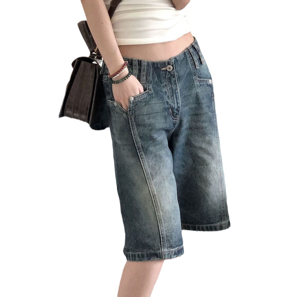 New American Style Retro Washed Old Denim Shorts Women's Vibe Design Sense Loose Straight Five-point Mid-length Pants Cross-border