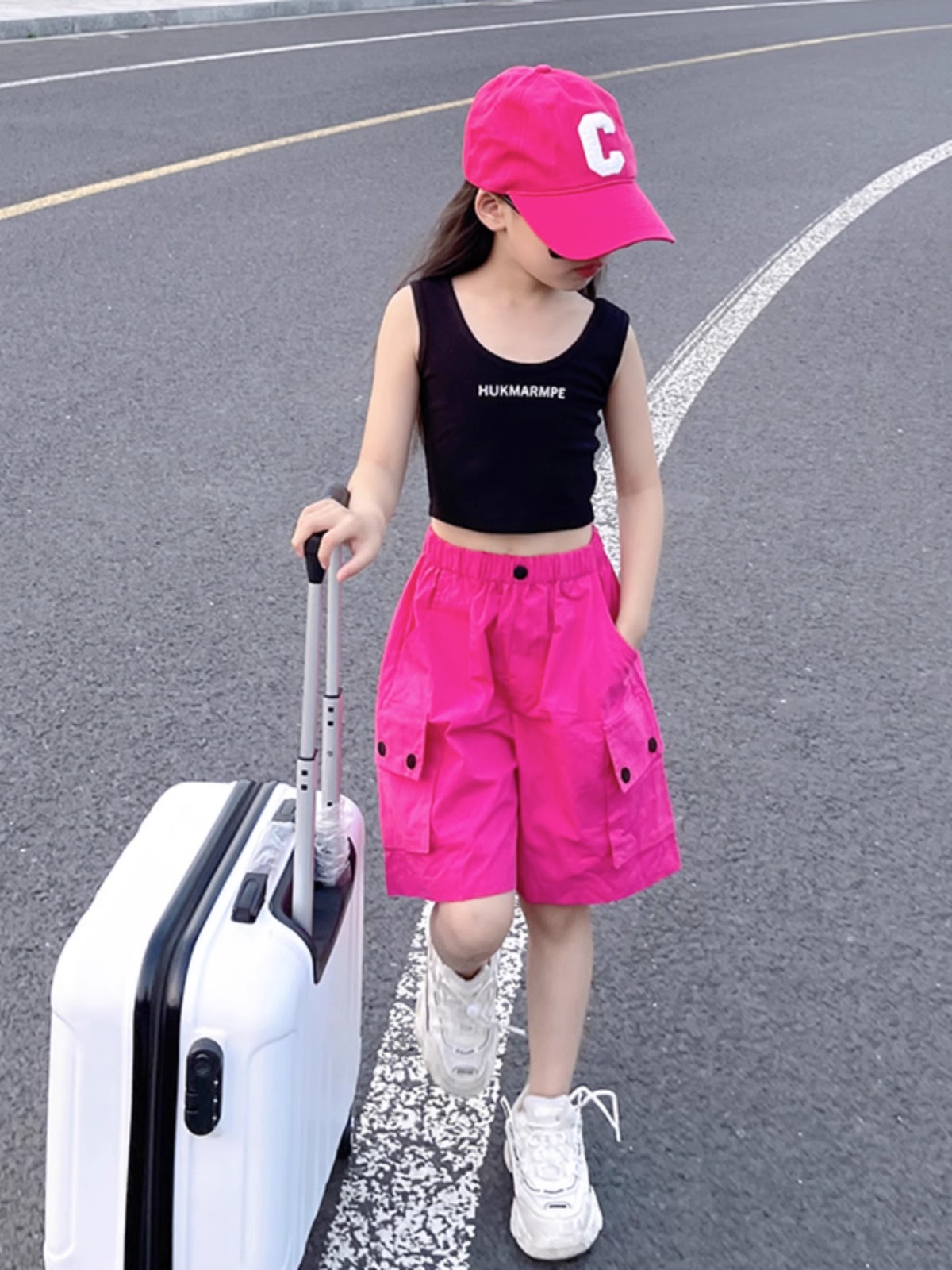 女童玫紅色工裝短褲2023新款高腰寬鬆休閒中褲美式速干運動五分褲
