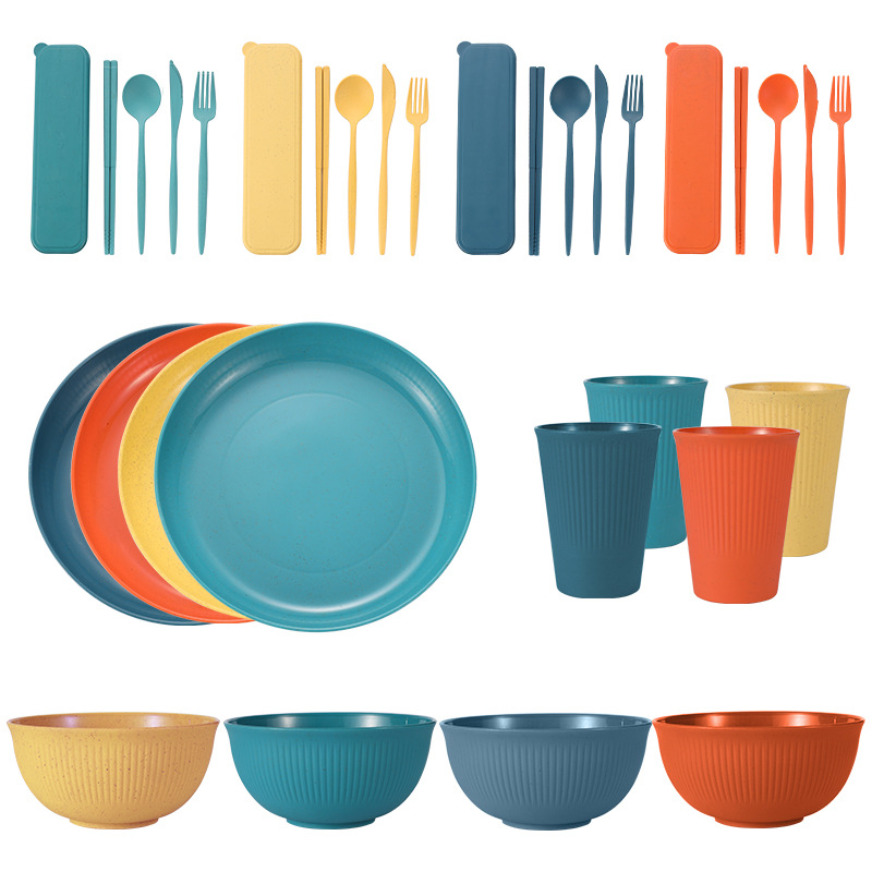 Amazon Wheat Straw Dinner Plate Dishes Water Cup Tableware Set Portable Knife, Fork and Spoon Chopsticks Outdoor Tableware Set