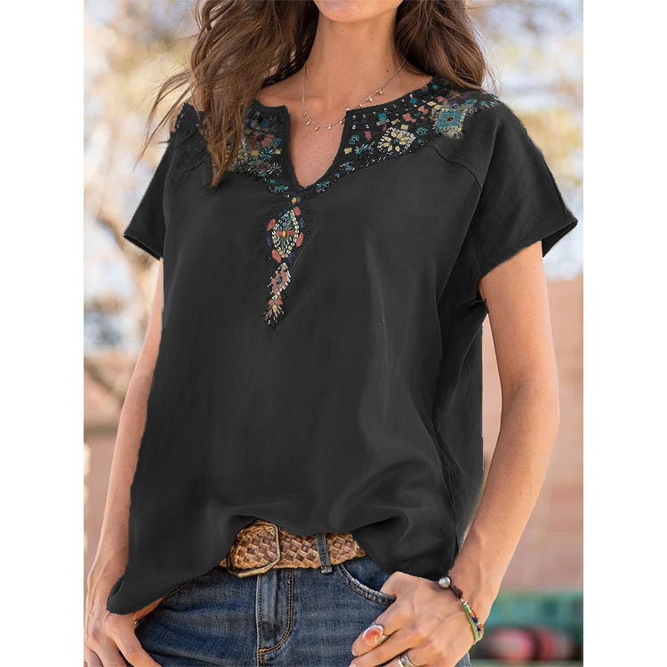 Independent Station Amazon Hot Selling 2022 Spring and Summer Cross-border Women's Clothing Loose Western Ethnic Style Top Short Sleeve T-shirt for Women
