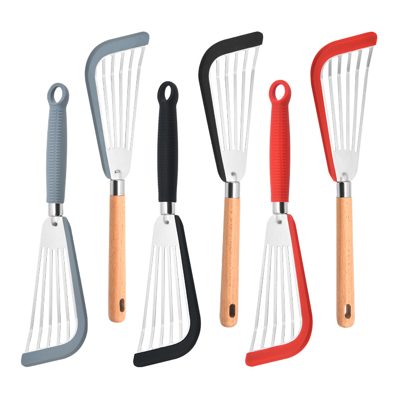 Factory Stainless Steel Bag Silicone Fish Shovel Household Stainless Steel Steak Shovel Wooden Handle Fried Fish Shovel Cooking Kitchenware Wholesale