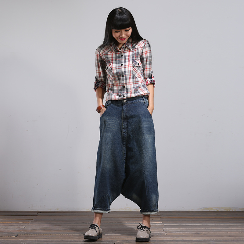 2024 new artistic blue twill cotton Denim large pull-up pants harem pants factory wandering notes