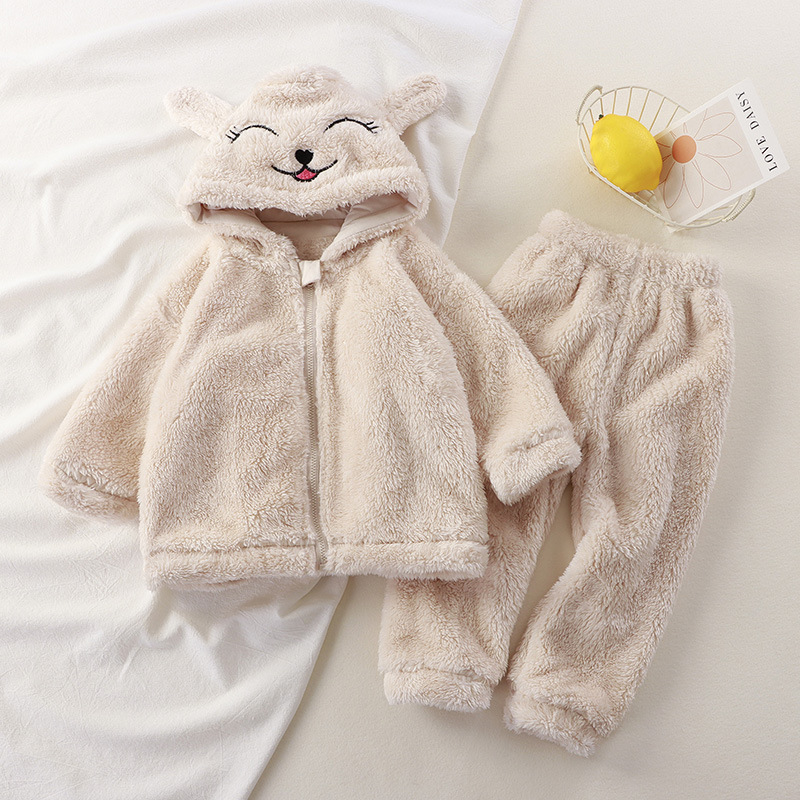 Children's autumn and winter New flannel hooded home wear suit boys and girls baby cute woolen sweater children's pajamas