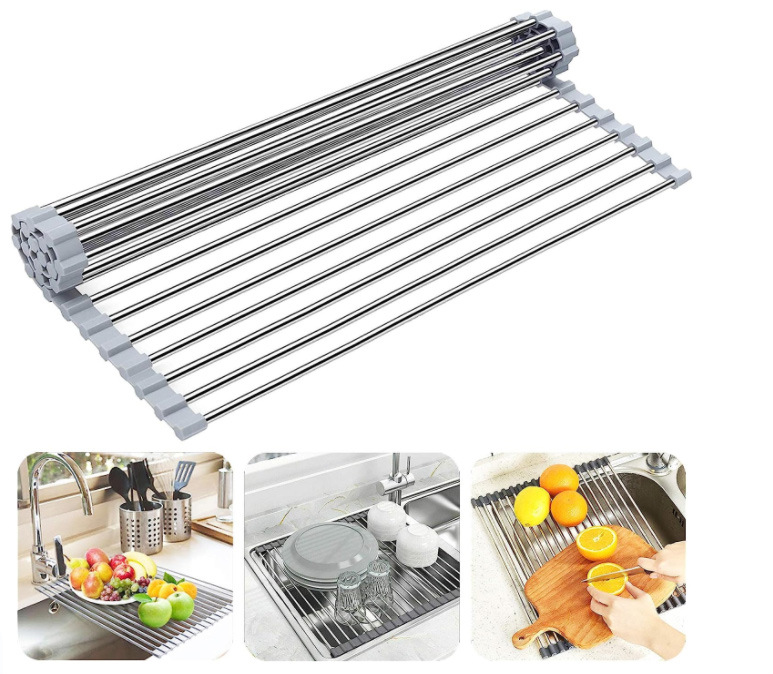 Stainless steel sink foldable draining rack household kitchen bowl dish roller shutter water filter rack bowl dish fruit drying rack