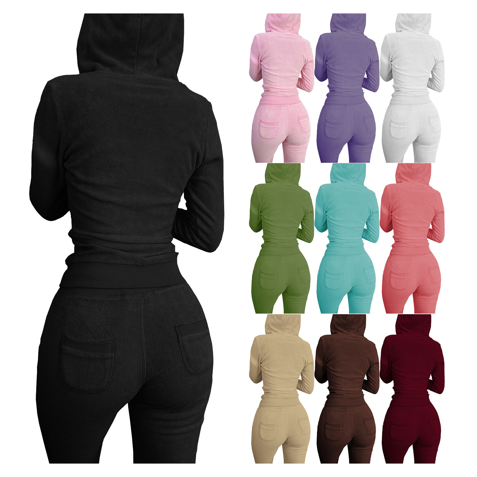 HR8235 European and American Women's International Station Hot Selling Autumn and Winter New Double-sided Fleece Vest Hooded Three-piece Set