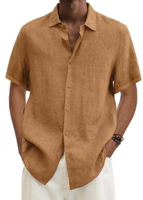 2022 Independent Station wish Amazon Explosions Summer V-Neck Button Cotton Linen Solid Color Men's Trendy Shirt Men's Shirt