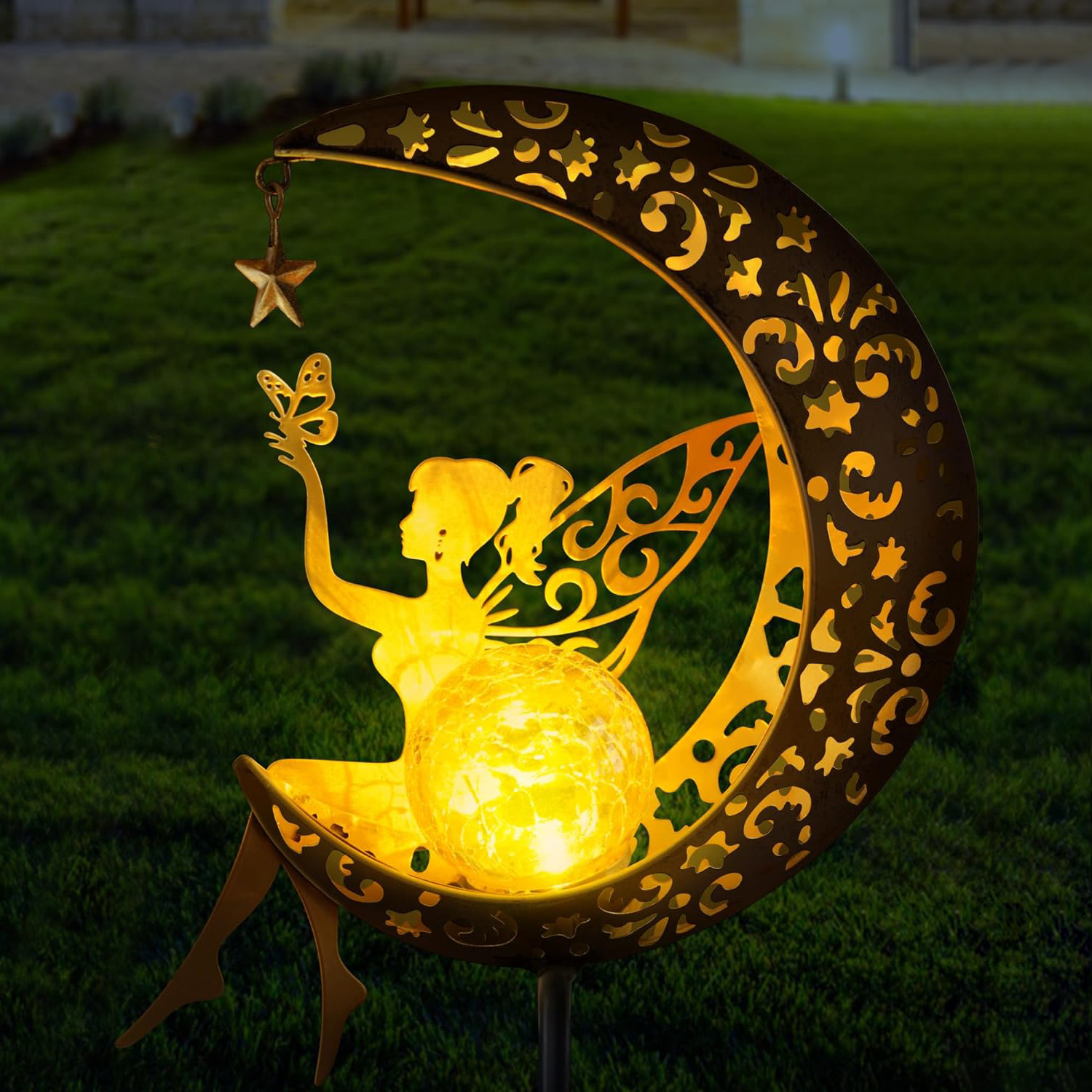 Cross-border hot solar Moon Fairy lamp outdoor garden iron flower fairy ground plug lamp lawn garden lamp