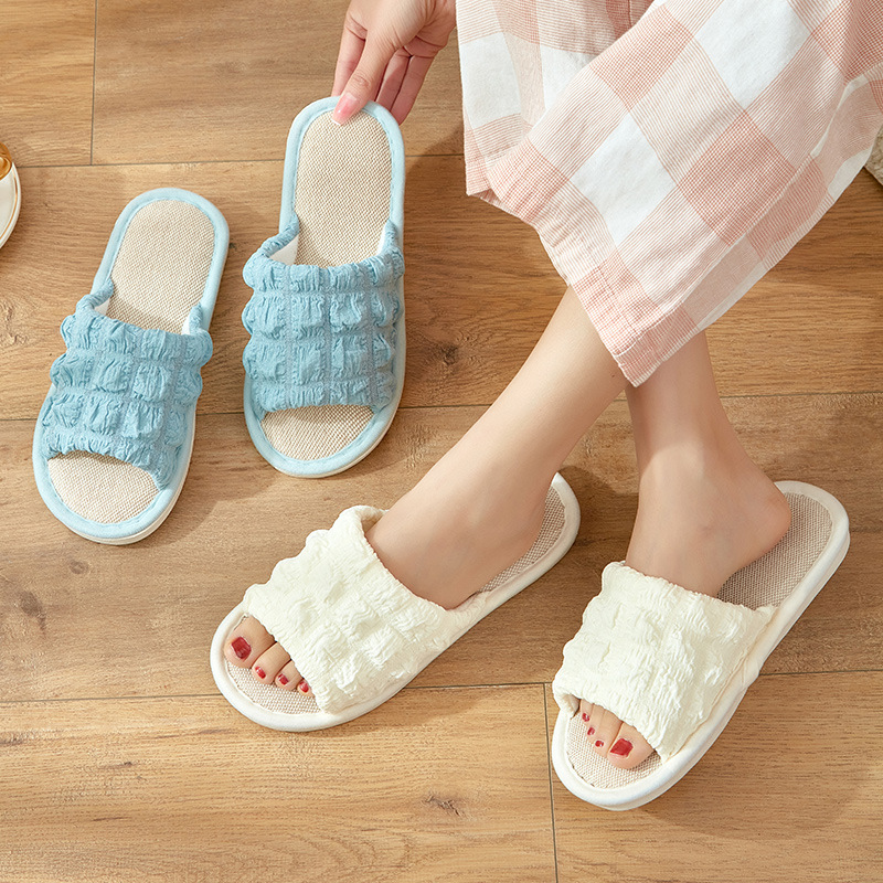 Linen Slippers Small Puffs Indoor Household Cotton and Linen Slippers Spring and Autumn Four Seasons Women's Breathable Sweat-Absorbing Floor Slippers
