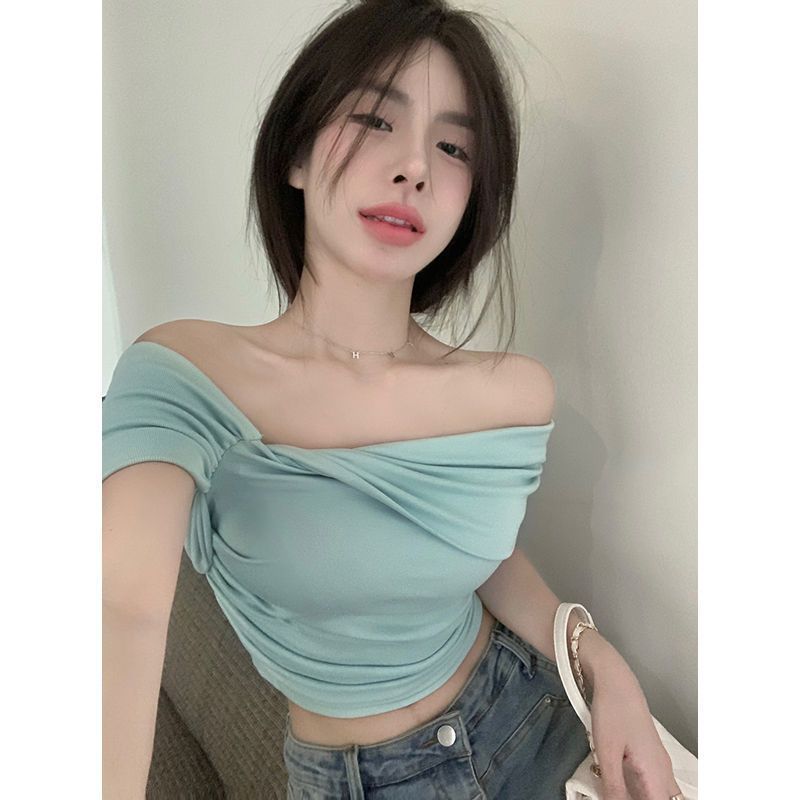 Niche Elegant off-shoulder Short-sleeved T-shirt Women's Kink Design Sense Slim-fit Foreign Style Summer Short Sexy All-match Top