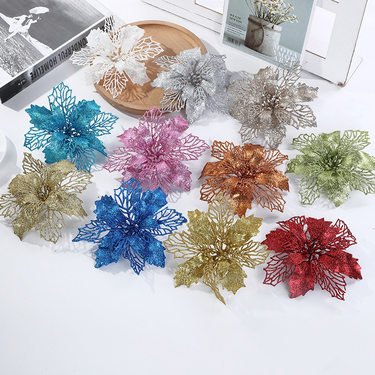 Christmas Gold pink flower hollow gold pink Christmas flower large artificial flower Christmas tree decoration supplies cross-border exclusive_voghion.com